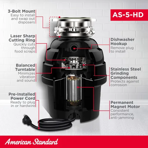 Miniatura 3 de American Standard 10-US-AS-5-HD Eliminación de basura Anti-Atasco Sistema de trituración de residuos de alimentos de acero inoxidable, de servicio