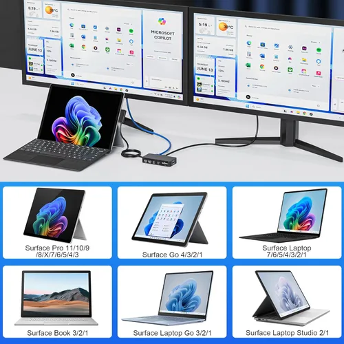 Miniatura 4 de Estación de acoplamiento para superficie, 11 en 1 monitor dual 4K @60Hz HDMI + VGA Surface Dock, para Surface Pro 11/10/9/8/X/7/6/5/4, Surface
