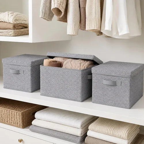 Miniatura 7 de WUIKE - Cajas de almacenamiento plegables con tapas, cajas de almacenamiento con asas, organizador para estante de armario, cestas de almacenamiento