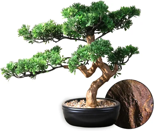 Árbol bonsái artificial de 16 pulgadas de alto con madera realista y maceta de cerámica, plantas falsas para el hogar, dormitorio y escritorio de