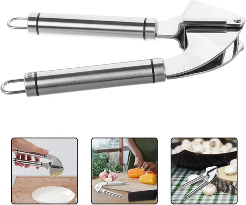 Miniatura 8 de Prensa de ajo de acero inoxidable, trituradora manual de ajo y pelador, dispositivo de cocina, operación sin esfuerzo, elegante herramienta