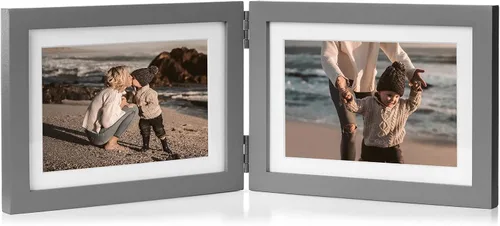 Miniatura 17 de Marco de fotos doble de 4 x 6 pulgadas con bisagras horizontales, marco de fotos plegable en madera de pino negro con vidrio real para mesa
