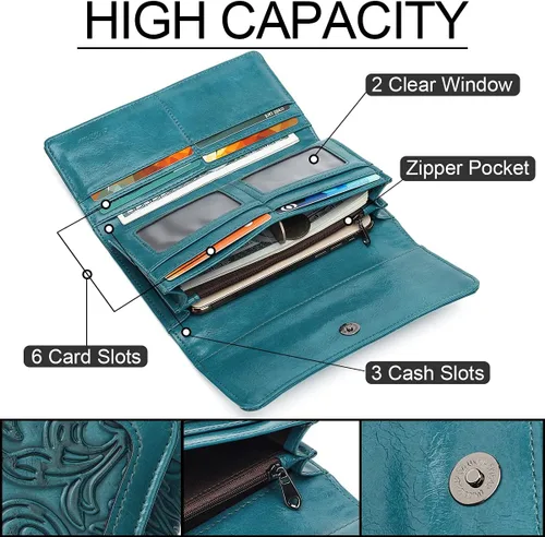 Miniatura 53 de MEITRUE Cartera de cuero para mujer, con bloqueo RFID, triple pliegue, con relieve, soporte para tarjetas, organizador de chequera para teléfono