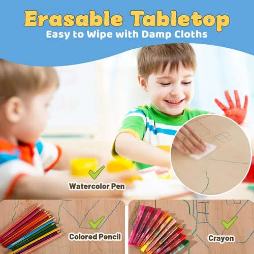 Miniatura 4 de FUNLIO Juego de mesa y 2 sillas para niños, Juego de mesa y silla ajustables en altura para niños de 3 a 8 años, Mesa fácil de limpiar para Azul