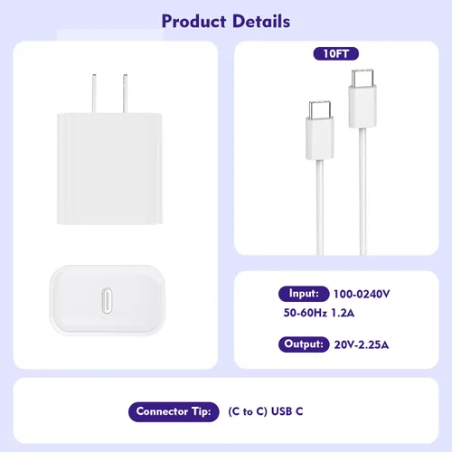 Miniatura 6 de [Paquete de 3] Cargador largo de 10 pies para iPhone 17 16e 15, bloque de cargador de pared de carga rápida de 20W, cable trenzado tejido USB C a C