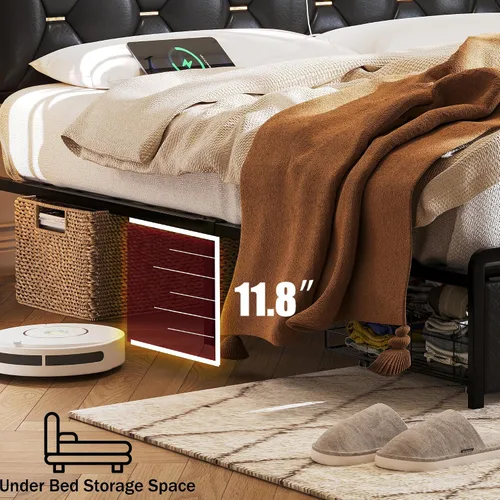 Miniatura 5 de Ailisite Marco de cama tamaño completo con cabecera y cajones de almacenamiento, marco de cama de plataforma tapizado negro con puerto de carga