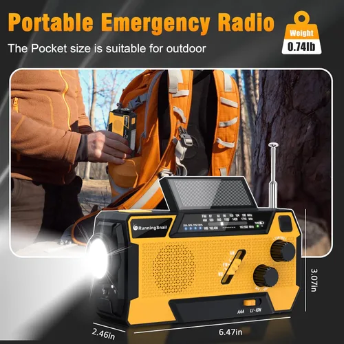 Miniatura 7 de Radio de emergencia con manivela meteorológica: Radio meteorológica AM/FM/NOAA con 3 cables incorporados - Radio manual con manivela de 2000mAh