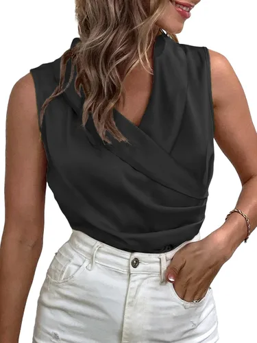 Miniatura 5 de Rooscier Blusa de satén con cuello en V para mujer, sin mangas, asimétrica, elegante, sin mangas