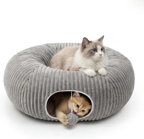Miniatura 10 de Cama túnel para gatos con 40 juguetes para gatos, túnel de juego plegable para gatos de interior, tubo para gatos para gatitos y cachorros Blanco