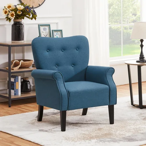 Miniatura 2 de Yaheetech Sillón moderno, silla decorativa de mediados de siglo con patas de madera resistentes y respaldo alto para espacios pequeños, sofá Azul