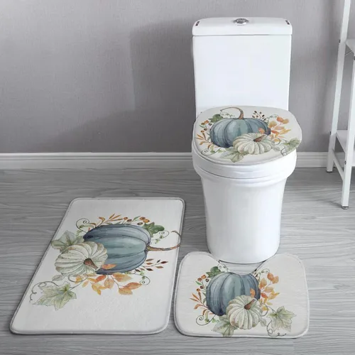 Miniatura 4 de Tapete de baño de 3 piezas de otoño con diseño de calabaza, color azul y verde, hojas de arce, cosecha, decoración de Acción de Gracias, juego