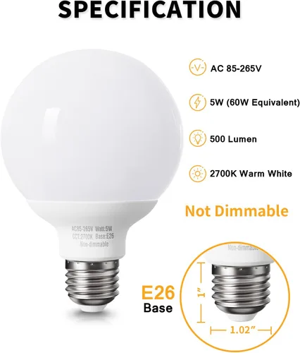 Miniatura 2 de Paquete de 8 bombillas LED de color blanco cálido para baño, equivalente a 120 V 60 vatios, base media E26, bombillas redondas de tocador, bombillas