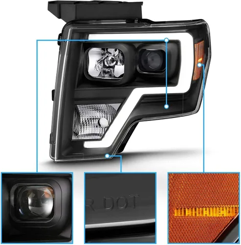 Miniatura 5 de AmeriLite para camioneta Ford F150 2009-2014, juego de faros delanteros LED de barra cuadrada, proyector halógeno negro, haz alto/bajo incluido