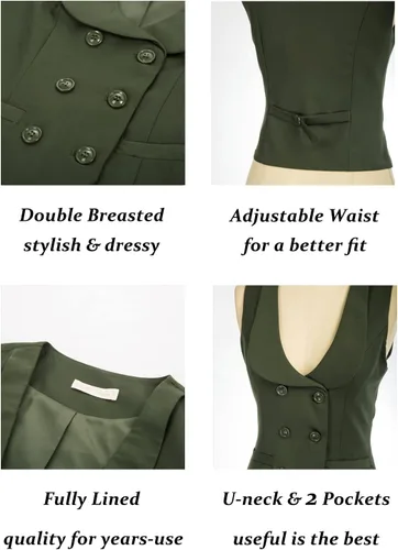 Miniatura 3 de Belle Poque Chaleco de doble botonadura para mujer, chaleco vintage con cuello de solapa y 2 bolsillos