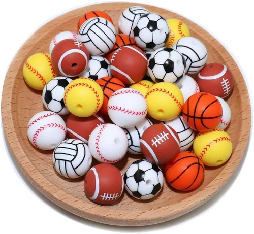 Miniatura 14 de 36 cuentas de silicona para fabricación de llaveros de 0.47 pulgadas y 0.59 pulgadas a granel de béisbol, baloncesto, fútbol, deporte, focal