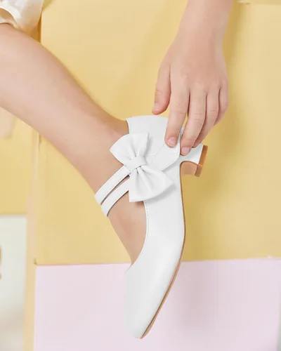 Miniatura 4 de Coutgo Zapatos de vestir Mary Jane para niñas, zapatos planos de tacón bajo con lazo y velcro para fiestas y escuelas para niños pequeños y grandes