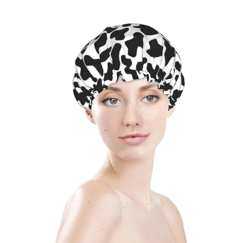 Miniatura 3 de Gorro de ducha de granja de animales abstractos de piel de vaca en blanco y negro para mujer, doble capa impermeable ajustable, gorra de baño
