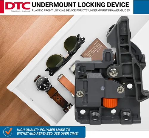 Miniatura 3 de 3 pares de dispositivos DTC de bloqueo frontal de plástico para cajones empotrados, color gris con tornillos incluidos