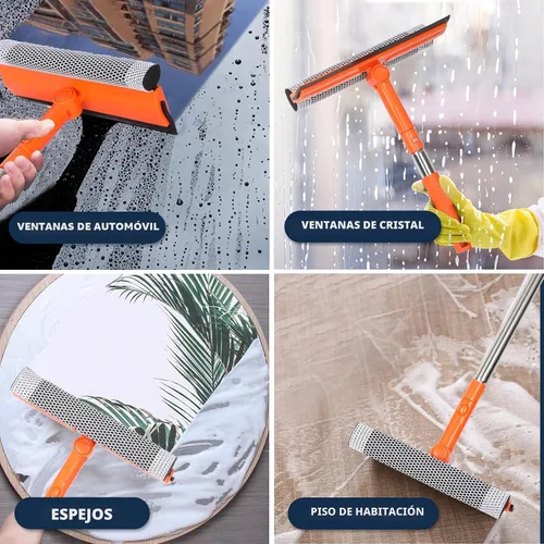 Miniatura 6 de Escobilla de ventana profesional, limpiador de ventanas 2 en 1 con mango largo de acero inoxidable, escobilla de esponja para ventana de coche