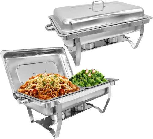 Juego de 2 platos de bufé de roce de acero inoxidable de tamaño medio de 8 cuartos de galón para catering, juegos mejorados de chafers y