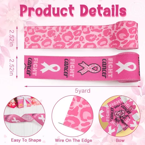 Miniatura 2 de Threetols 2 rollos de cintas de 10 yardas con alambre para concientización sobre el cáncer de mama, cinta de concientización de leopardo rosa