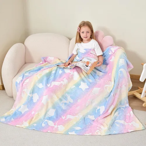 Miniatura 31 de Softan Manta Decorativa de Unicornios para Niños que Brilla en la Oscuridad, Regalos de Manta para Niños y Niñas, Manta de Franela Suave y Acogedora