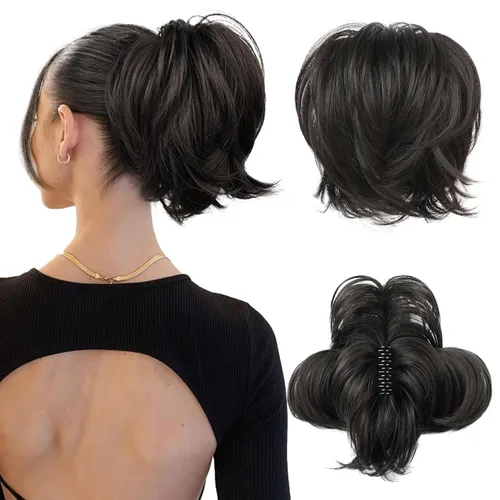 Miniatura 21 de HOOJIH - Pieza de cabello con moño desordenado, clip de garra en moño de cabello liso de 9 pulgadas, extensión de cola de caballo corta con alambre