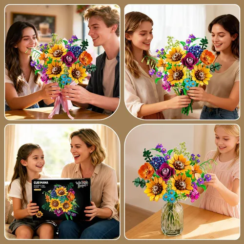 Miniatura 8 de CUBIMANA Juego de construcción de ramo de flores silvestres con luces, 912 piezas, colección de flores silvestres, 18 botánicos, bloques