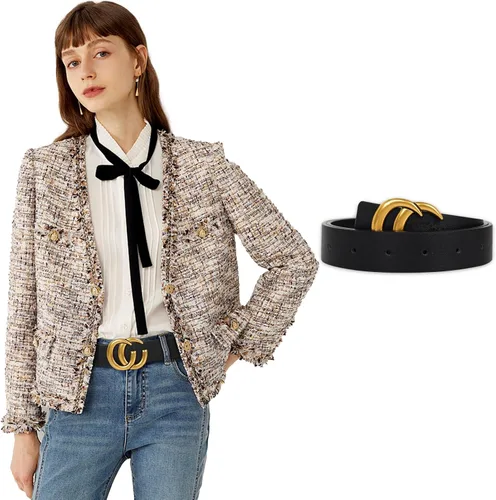 Miniatura 290 de Cinturón de cuero clásico con hebilla de metal para mujer con vestido de jeans