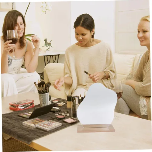Miniatura 7 de Espejo de maquillaje de escritorio irregular con soporte, espejo de tocador plateado estético para mujer, diseño compacto con función de aumento