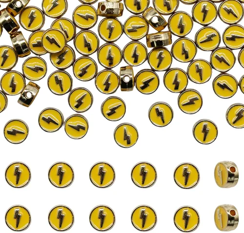 Miniatura 2 de Decoendiy 100 cuentas de relámpago esmaltadas de aleación de 0.315 pulgadas (0.315 in), forma redonda plana de destello, espaciador suelto colorido