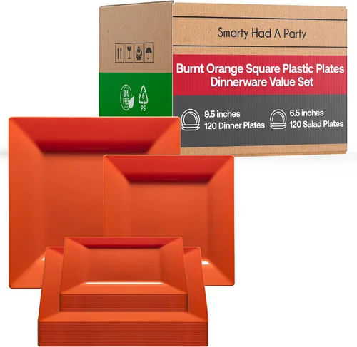 Smarty Had A Party Elegante juego de vajilla de plástico desechable, platos de plástico resistentes (naranja, juego de platos combinados (120