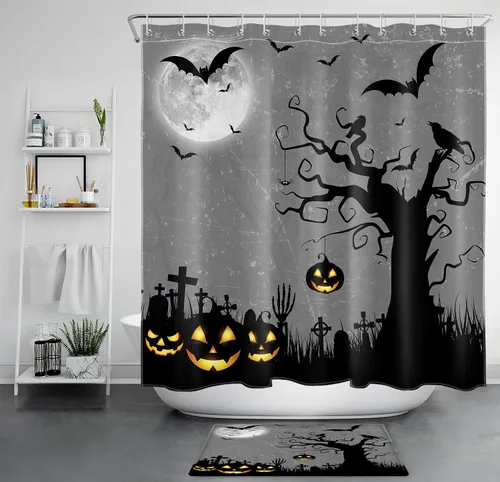 Miniatura 11 de EOBTAIN Cortina de ducha de cielo nocturno azul de Halloween para baño, espeluznante calabaza y murciélago en árbol muerto en cementerio aterrador