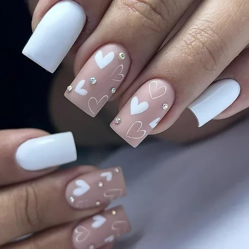 Miniatura 13 de Uñas postizas a presión para San Valentín, uñas postizas cortas cuadradas MABKJLF nude con diseños de labios, cobertura completa, pegamento