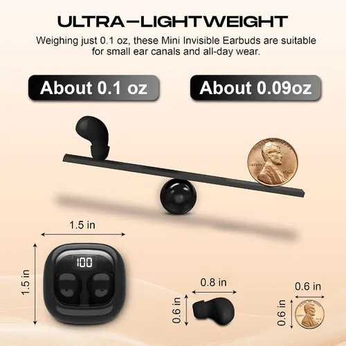 Miniatura 5 de Mini auriculares invisibles para trabajar y dormir, auriculares ocultos de perfil bajo con pantalla LED, sonido estéreo, auriculares más pequeños