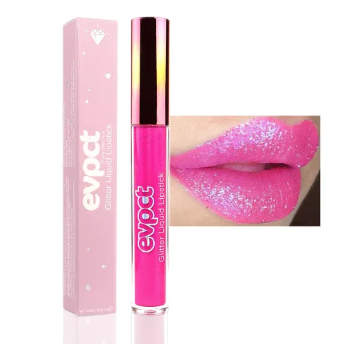 Miniatura 28 de evpct Juego de lápiz labial y brillo de labios 2 en 1 con purpurina color rosa nude metálico brillante para mujeres, de larga duración, impermeable
