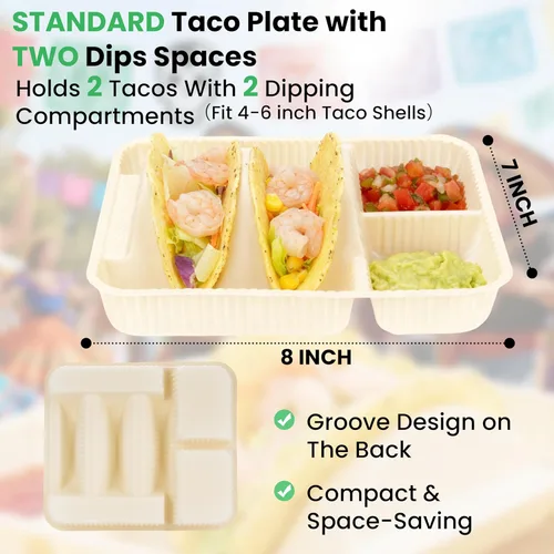 Miniatura 2 de Soportes desechables para tacos de 2 compartimentos para 2 tacos y 2 lados, borde elevado extra profundo, almidón de maíz biodegradable, apto
