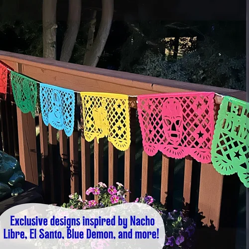 Miniatura 6 de Papel Picado de 16 pies, pancarta mexicana, pancarta de plástico Lucha Libre, decoraciones de pancarta mexicana, suministros de fiesta de Luchador