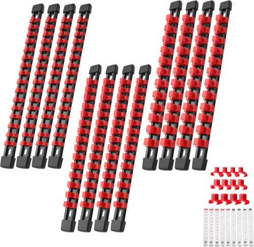 Reniteco Juego de organizador de llaves de vaso de 12 piezas, 64 clips de 1/4 pulgadas, 60 clips de 3/8 pulgadas, 48 clips de 1/2 pulgadas, soporte