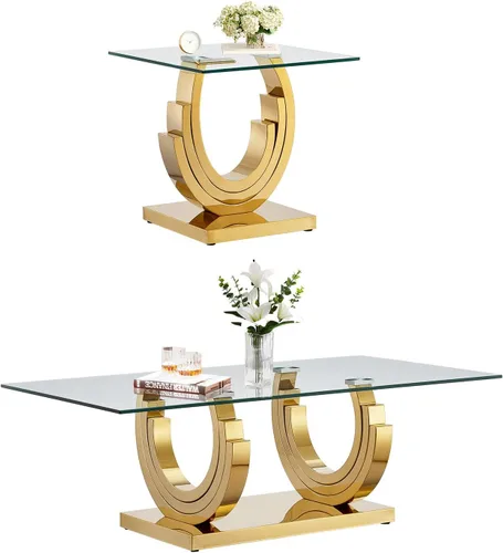 Miniatura 14 de SSLine Mesa auxiliar de cristal de lujo para sala de estar, mesa auxiliar moderna dorada con base de pedestal de acero inoxidable en forma de flor