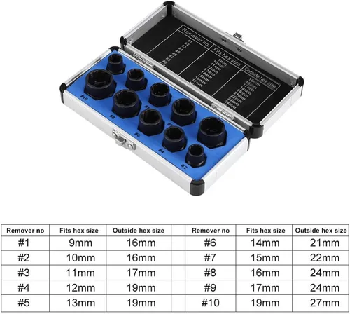Miniatura 3 de 10 piezas de removedor de tuercas, juego de extractor de tuercas de impacto de 0.354-0.748 in, enchufe extractor de tuercas, juego de herramientas