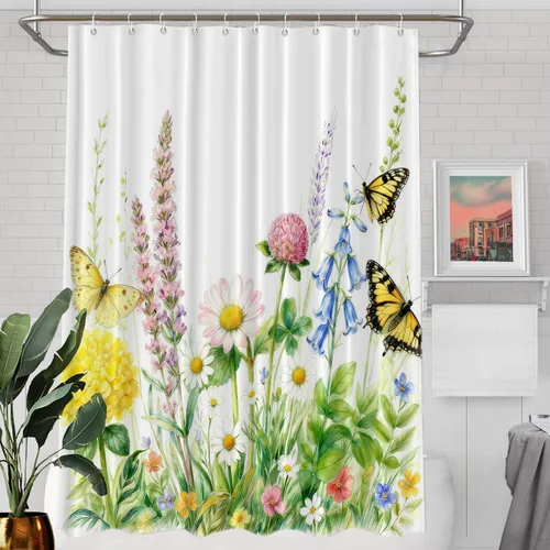Miniatura 49 de Batmerry Cortina de ducha decorativa botánica con hojas blancas, flores románticas, borde victoriano, libélula y flores silvestres, bonita y ancha