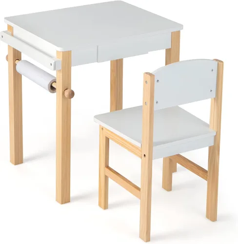 Miniatura 9 de HONEY JOY Juego de mesa y silla para niños, escritorio de madera y silla con cajón, portarollos de papel y 2 bolígrafos, juego de mesa de blanco 1