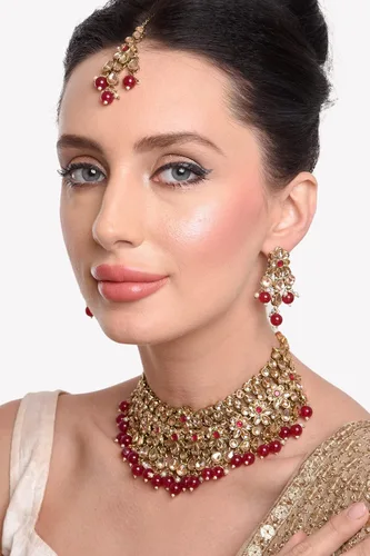 Miniatura 3 de Efulgenz Indian Jewelry Choker Necklace Maang Tikka Earrings Bollywood Wedding Crystal Kundan Necklace Earrings Head Chain Set