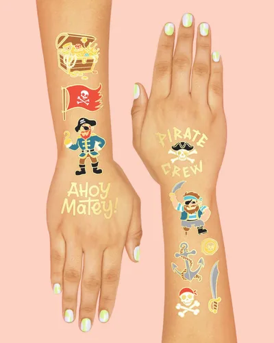 Miniatura 4 de xo, Fetti Suministros de fiesta pirata tatuajes temporales - 44 estilos de lámina dorada Cumpleaños náuticos, equipo de calavera, tesoro, barco