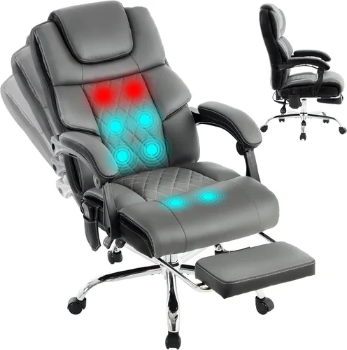 Miniatura 7 de Silla de oficina de masaje de 6 puntos, 500 libras con reposapiés, silla de escritorio reclinable de cuero con calor por vibración, sillas Negro