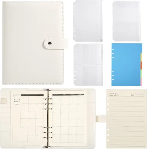 Carpeta planificador A5 de 6 anillos - Organizador de cuaderno de piel PU recargable con 80 hojas de línea, hojas mensuales, bolsillos de plástico y