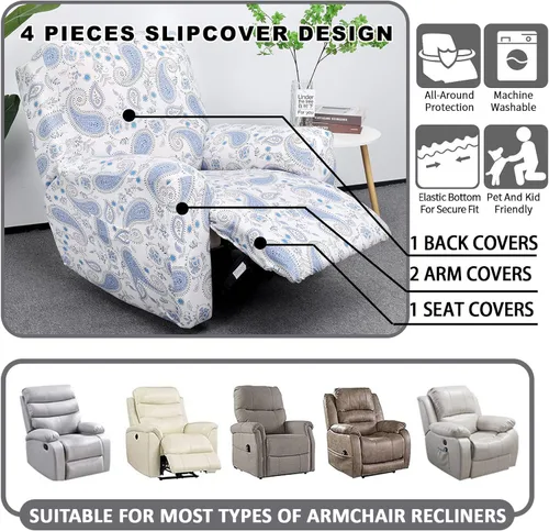 Miniatura 5 de CRFATOP Funda elástica para sillón reclinable, 4 piezas, fundas impresas para silla reclinable de 1 asiento, colección Fallon, protector de muebles