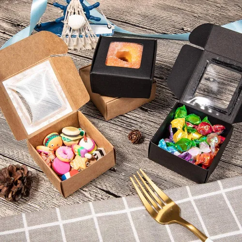 Miniatura 7 de BENECREAT 30 paquetes de cajas cuadradas de papel kraft marrón de 2.5 x 2.5 x 1.2 pulgadas, cajas de regalo con ventana transparente para regalos