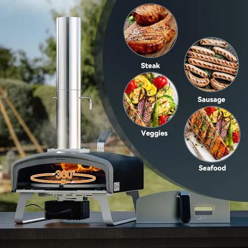 Miniatura 8 de Horno de pizza de leña con piedra giratoria, horno portátil de leña/carbón para pizza con chimenea y puerta, estufa de pizza al aire libre